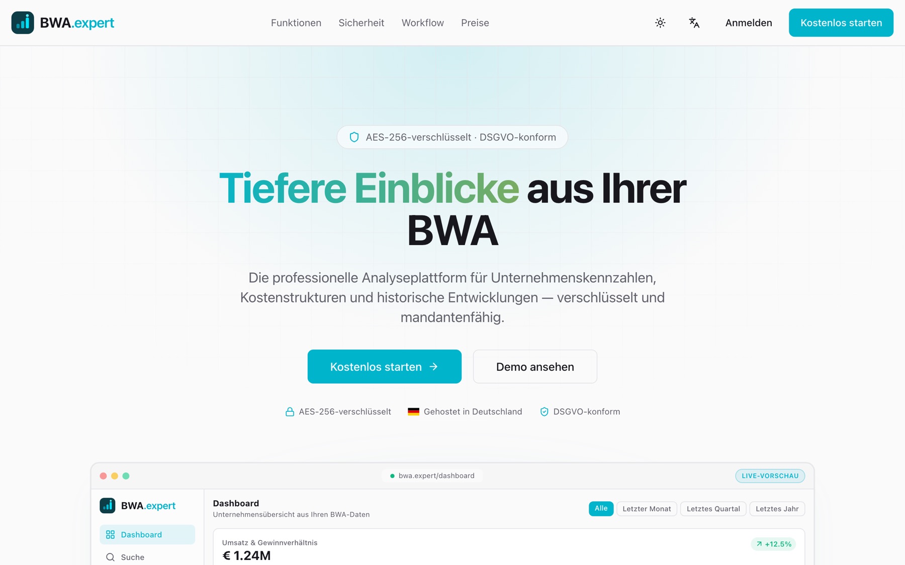 Professional BWA analysis — upload a Betriebswirtschaftliche Auswertung as PDF and get dashboards, history, and bank-ready reports in minutes.